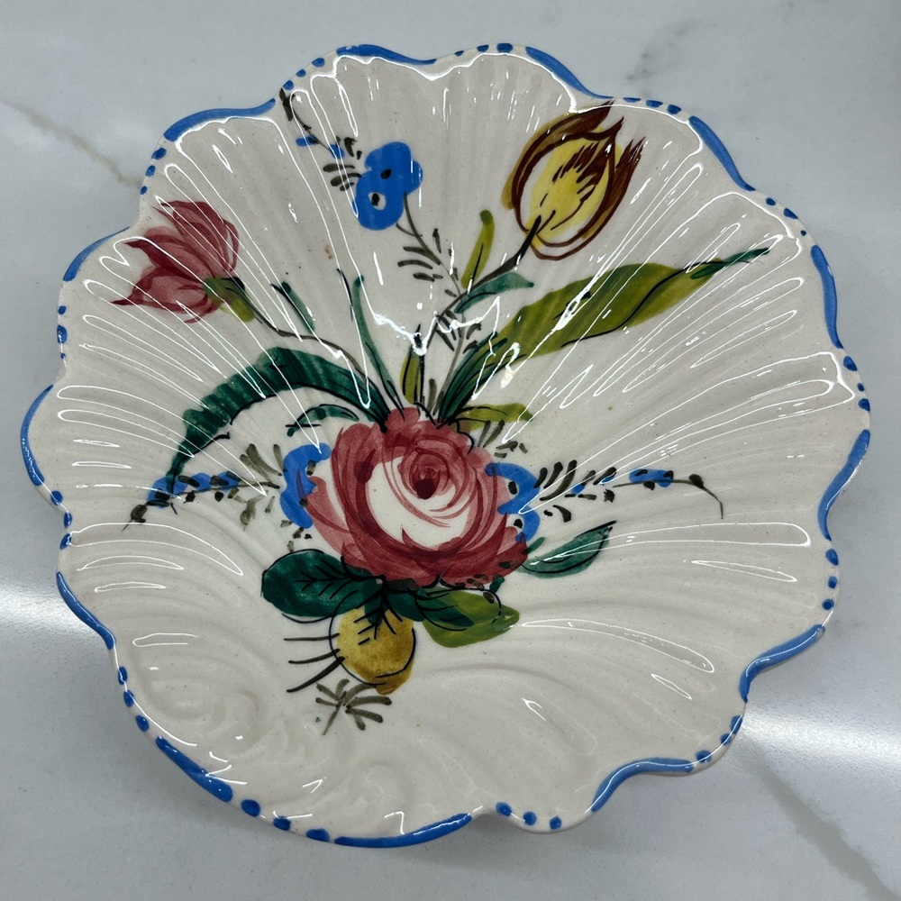 Vintage Hand Painted Floral Scalloped Ribbed Trinket Dresser Dish Italy